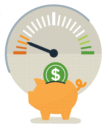 Illustration of a piggy bank with a running on empty gauge above it