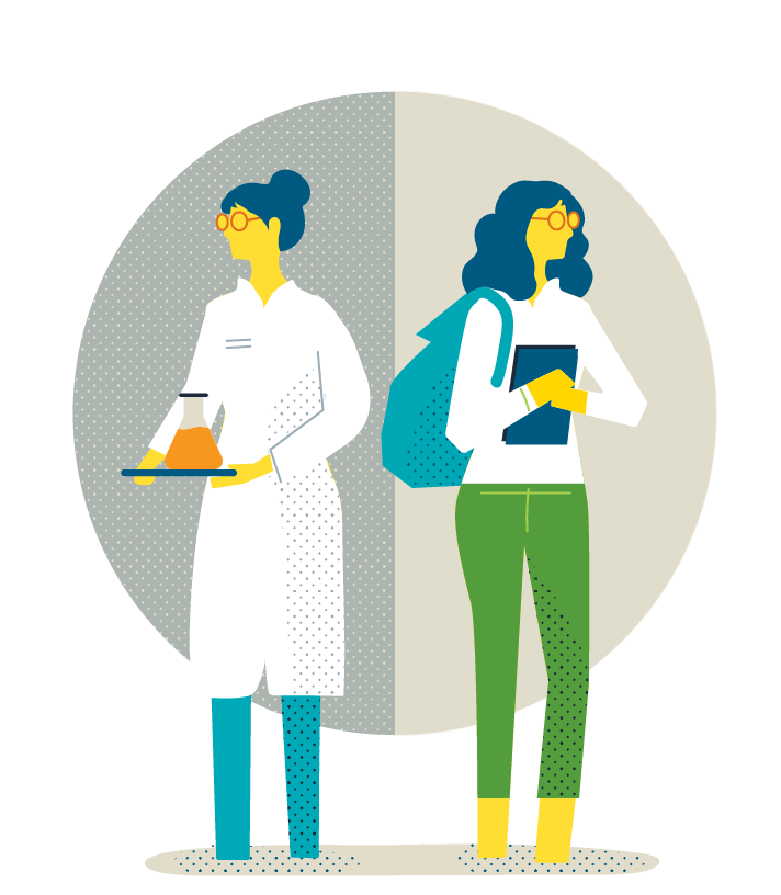 Illustration of a scientist carrying a beaker and a student carrying a book bag.